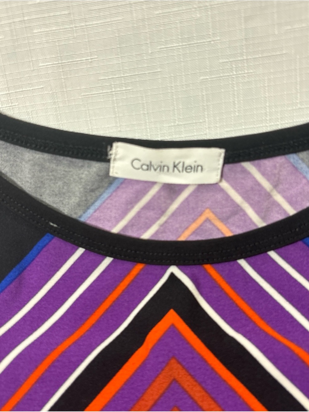 Calvin Klein Sleeveless Geo-Stripe Mini Dress in Purple, Teal, Blue and Orange - Picture 6 of 6